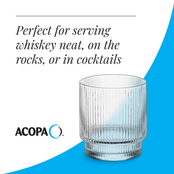 A clear, ribbed 10 oz. rocks or old fashioned glass suitable for serving whiskey or cocktails.