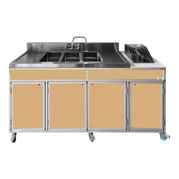 A Monsam maple portable self-contained sink with four basins and two drainboards.