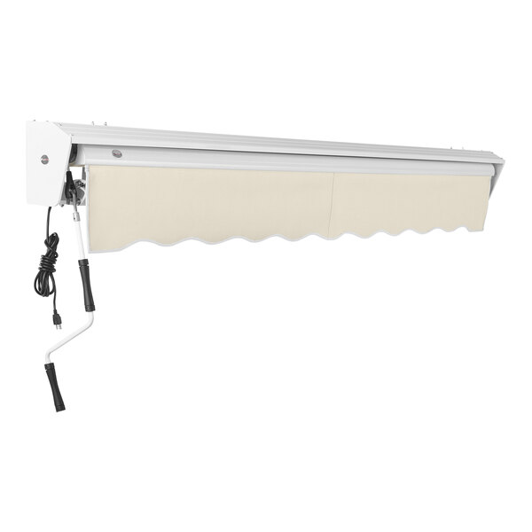 A white Awntech retractable patio awning with a black cord.