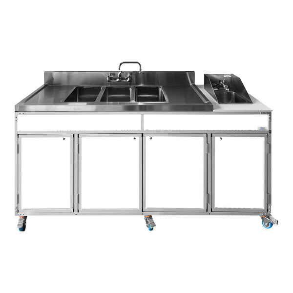 A white Monsam portable self-contained sink with four basins and two drainboards on wheels.