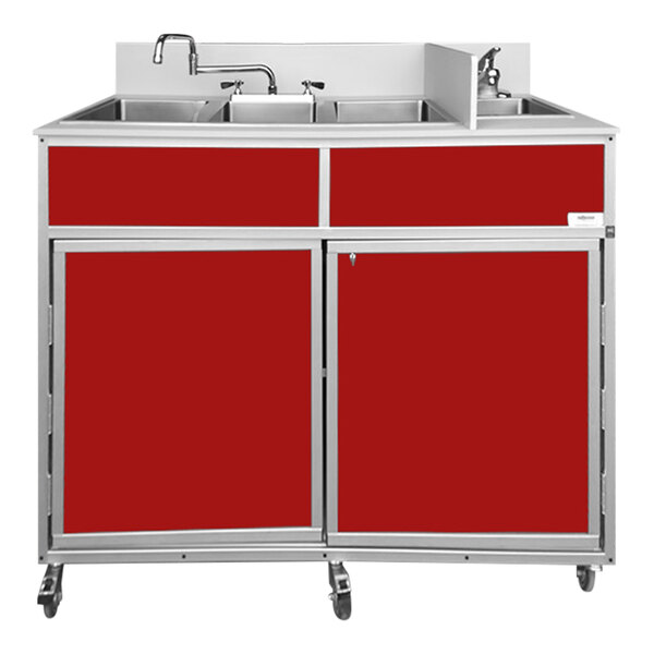 A red Monsam portable self-contained sink with red cabinets.
