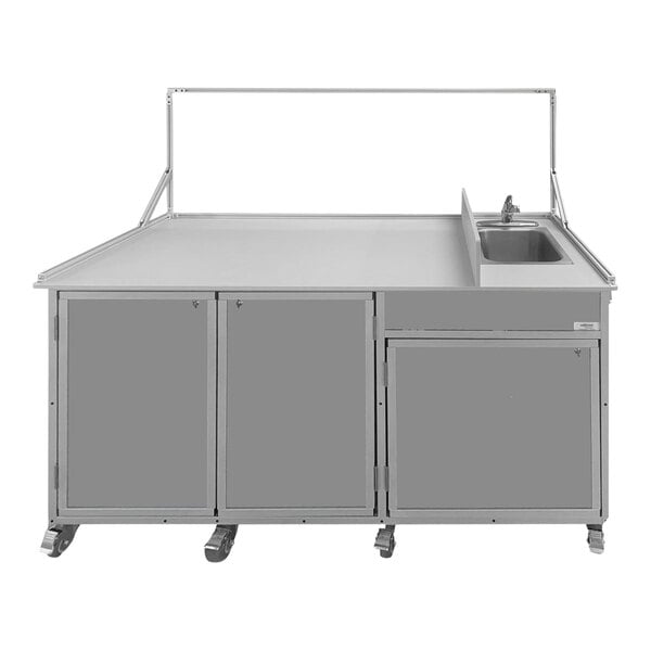 A gray Monsam food service cart with a portable sink.
