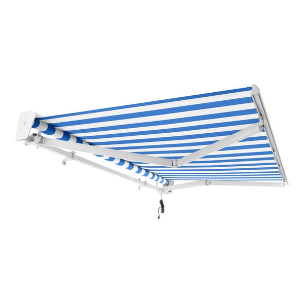 An Awntech Destin blue and white striped retractable patio awning with protective hood.
