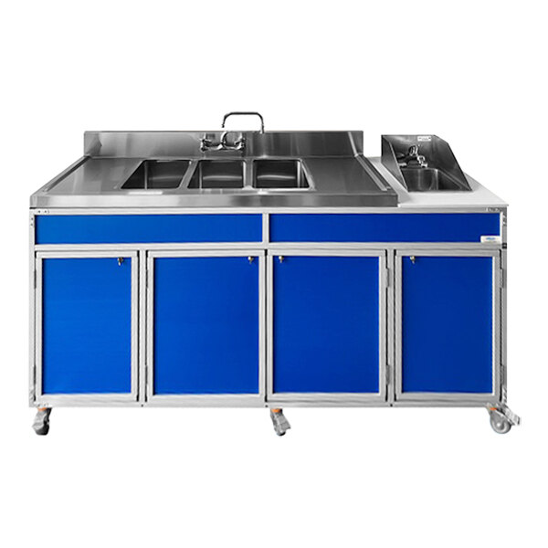 A blue and silver Monsam portable sink with two drainboards.