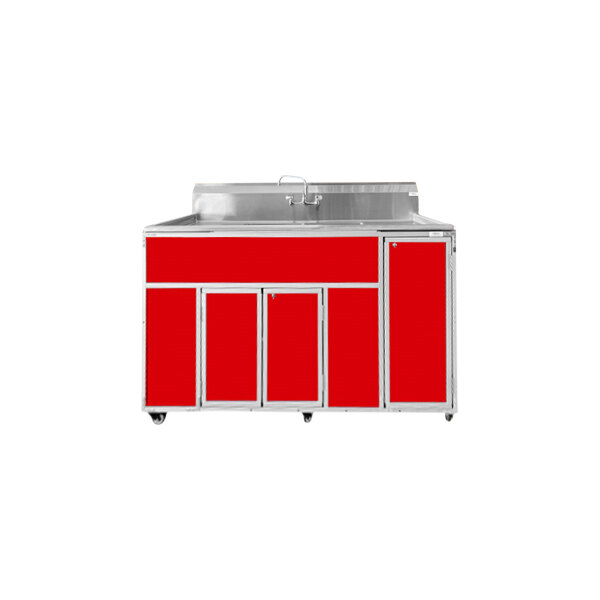A red Monsam portable commercial sink with two deep basins and 2 drainboards.