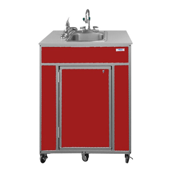 A red Monsam portable eye and face washing station on wheels with a stainless steel sink.