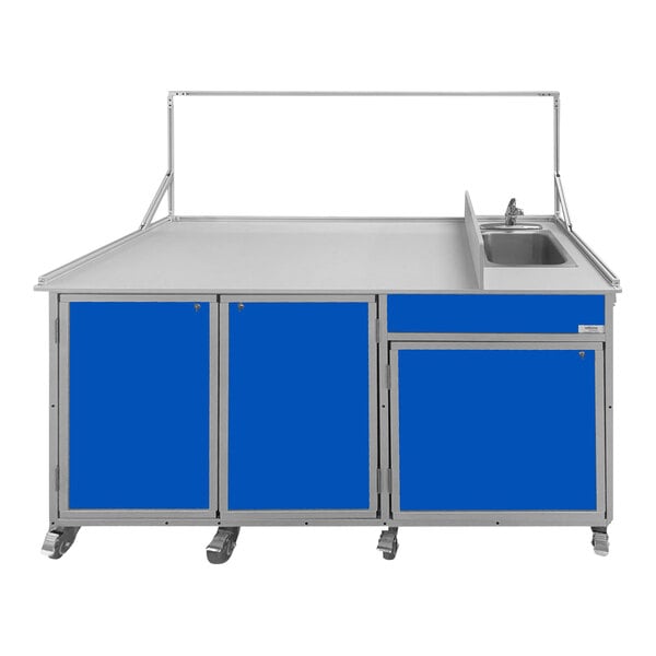 A blue Monsam food service cart with a portable sink.