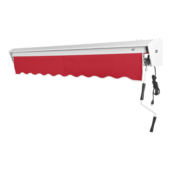 A red Awntech retractable patio awning with a protective hood over a white wall.