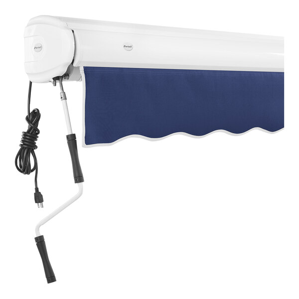 A navy and white Awntech Key West retractable awning with a protective hood.