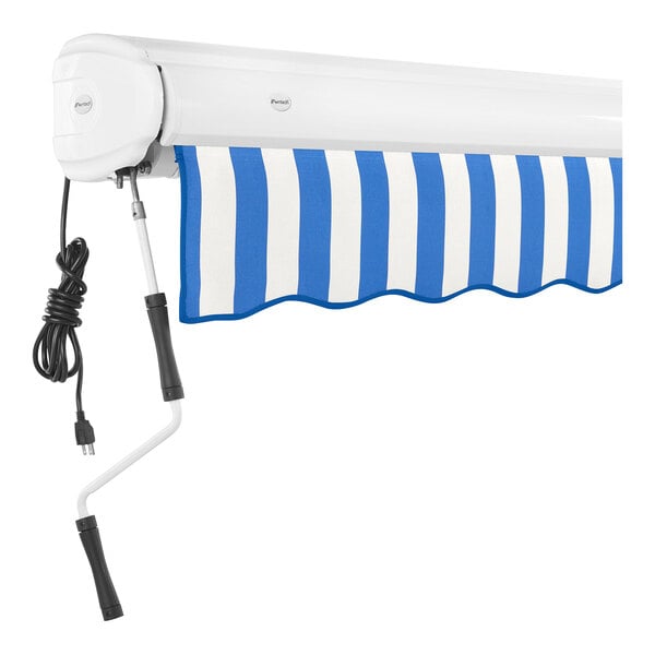 An Awntech Key West blue and white striped retractable awning with a cord.