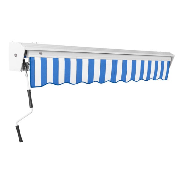 An Awntech Destin blue and white striped retractable patio awning on a wall.
