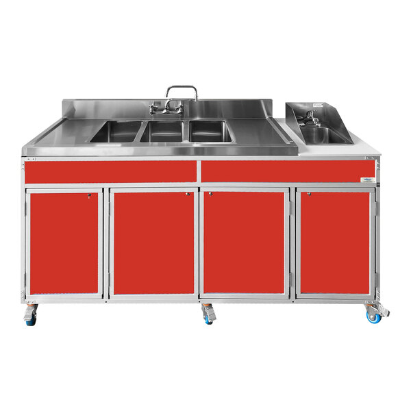 A Monsam stainless steel portable sink with red cabinets.