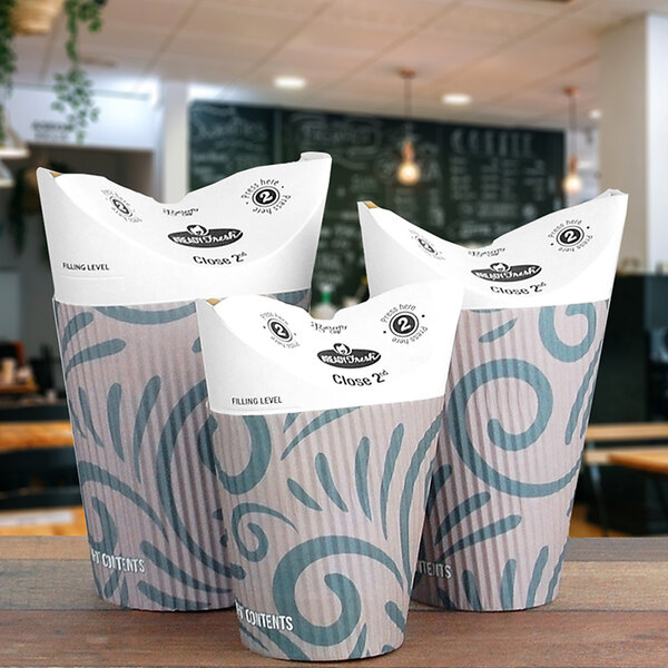 Three LK Packaging ReadyFresh paper hot cups with butterfly lids on a table.