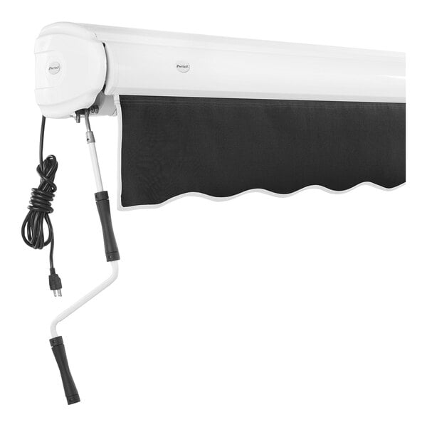 An Awntech Key West black heavy-duty retractable patio awning with black fabric.