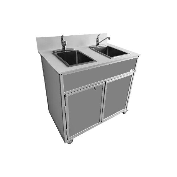 A gray Monsam portable self-contained sink with two basins on wheels.