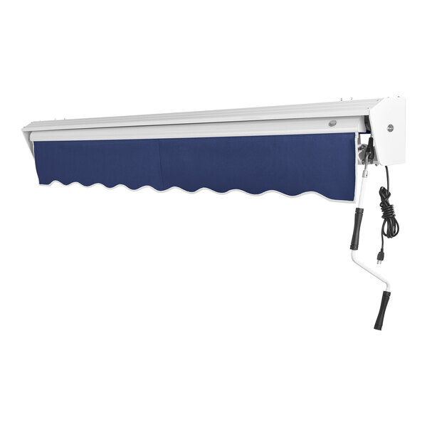 A navy blue Awntech retractable patio awning with a cord over a white surface.