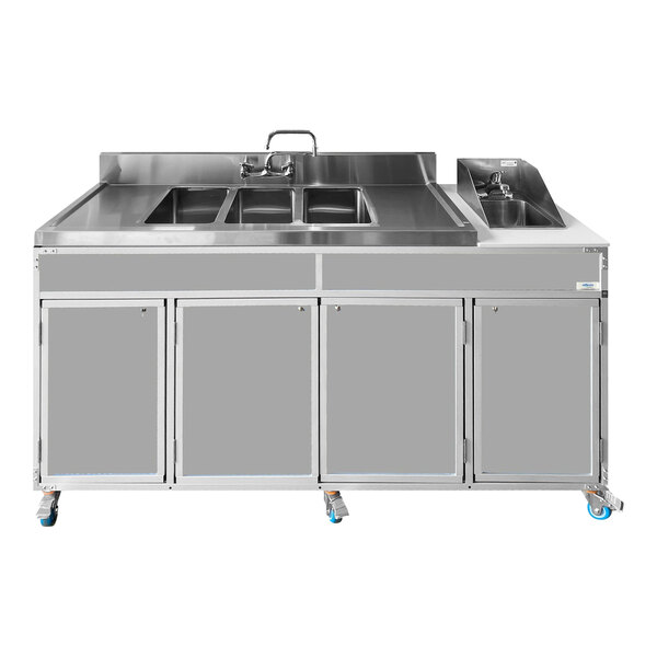 A gray Monsam portable self-contained sink with four basins and two drainboards.