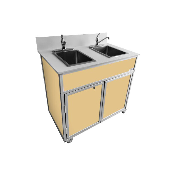 A Monsam maple portable self-contained sink with two basins and a faucet on wheels.