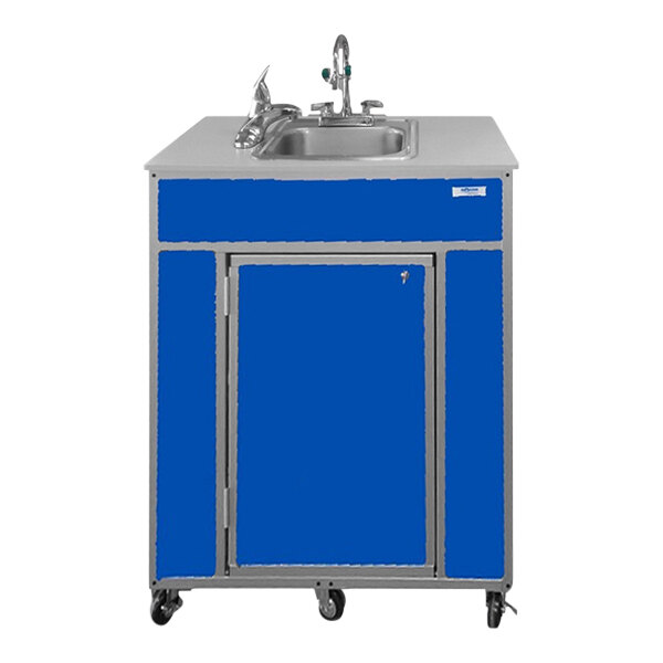 A blue portable eye and face washing station with a blue and stainless steel cabinet.