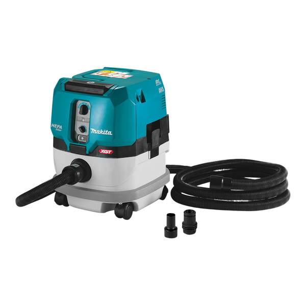 A blue and white Makita cordless vacuum cleaner with a hose.