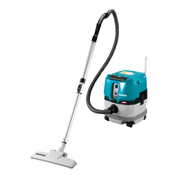 A Makita wet / dry vacuum cleaner with a hose and handle attached.