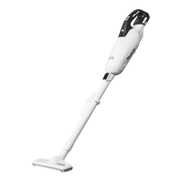 A white Makita vacuum cleaner with black accents.