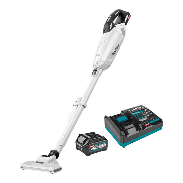 A Makita cordless vacuum with a battery and charger.