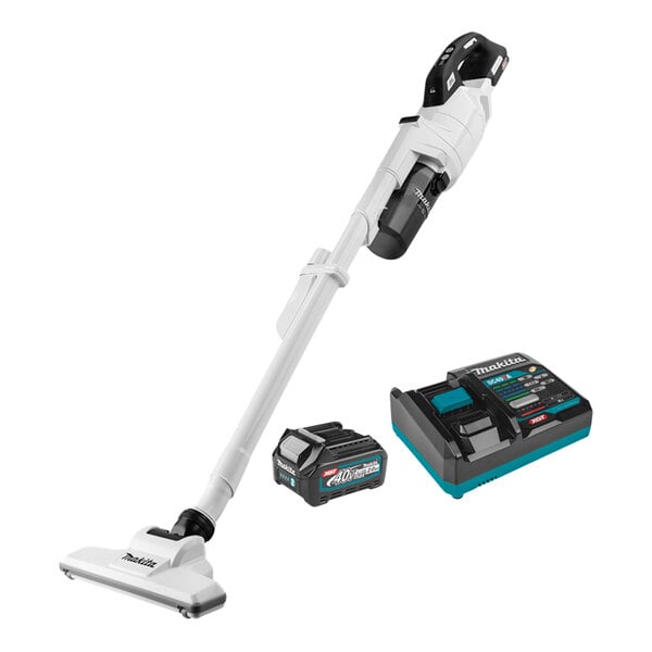 A Makita cordless vacuum cleaner with a black battery and a blue battery charger.
