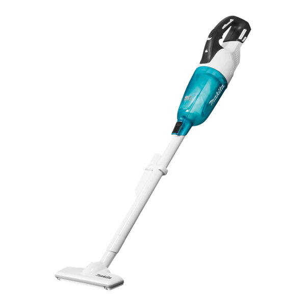 A close-up of a Makita cordless vacuum with a white handle.