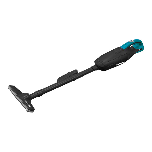 A black Makita cordless vacuum cleaner with a blue handle.
