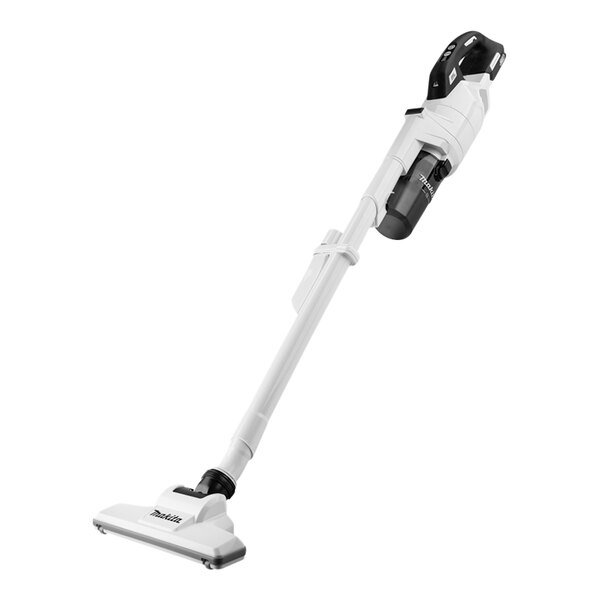 A white vacuum cleaner with a black handle.
