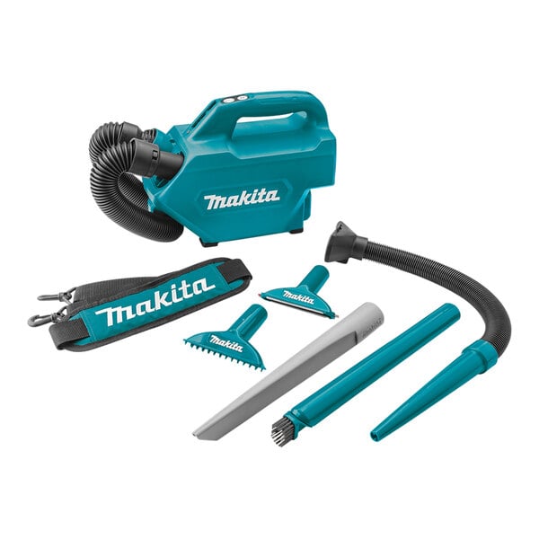 A blue Makita cordless vacuum cleaner with black tubes and accessories.