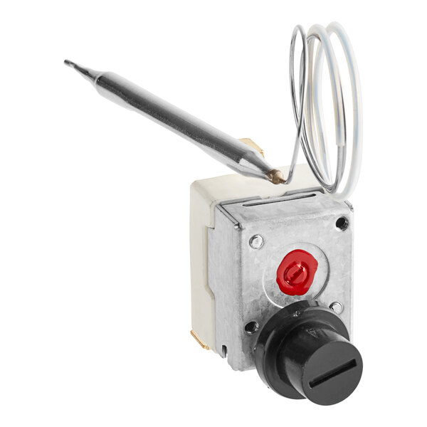 An Avantco temp limiter with a black knob and red wire.