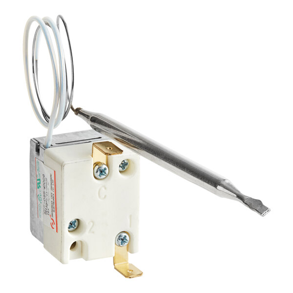 A white Avantco temp limiter with a metal wire.