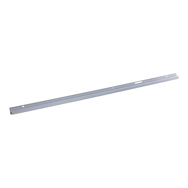 An Avantco front sneeze guard rail for refrigeration units. A long metal bar with holes.