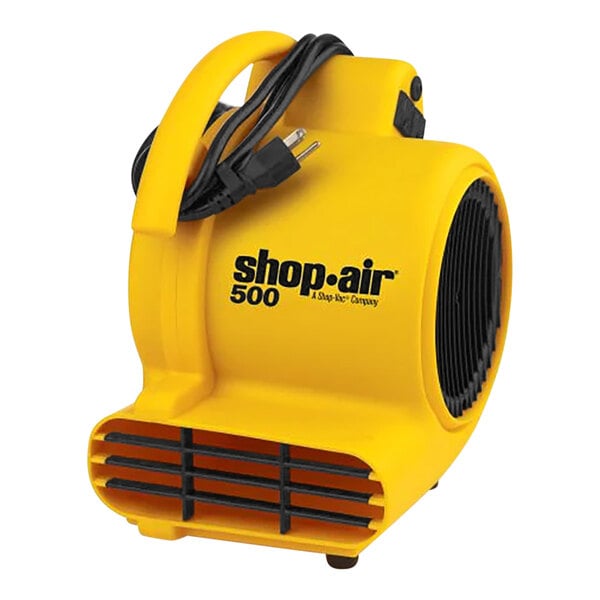 A yellow Shop-Vac 3-speed air mover with black text on the yellow blower.