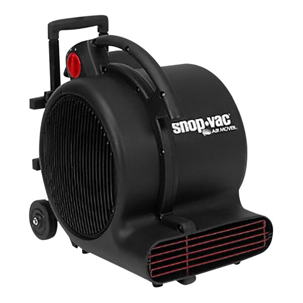 A black and red Shop-Vac air blower with a round black and red grill and a handle.
