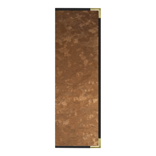 A brown and black rectangular menu cover with a gold border.