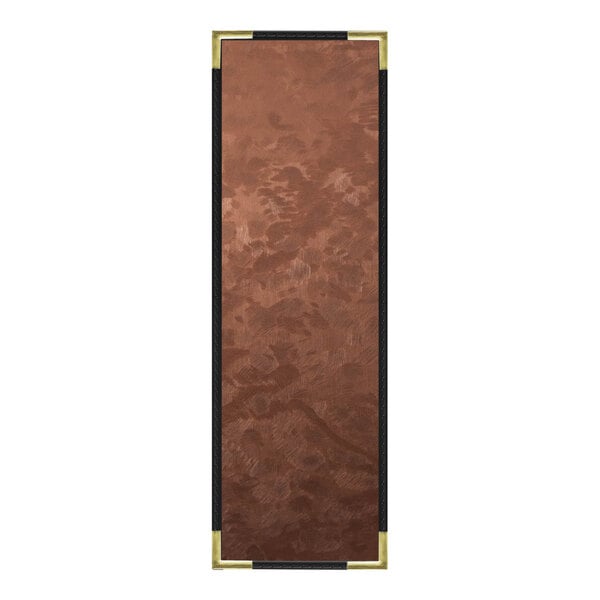 A bronze brushed metal menu cover with black border and black lines on a white background.