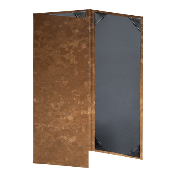 A brown and grey wood menu cover with a brushed metallic surface.