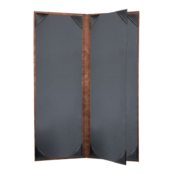 A bronze brushed metallic menu cover with a wooden frame.