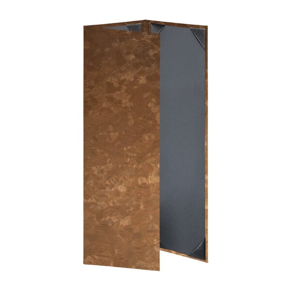 A brown rectangular menu cover with a brushed metallic finish on a brown surface.