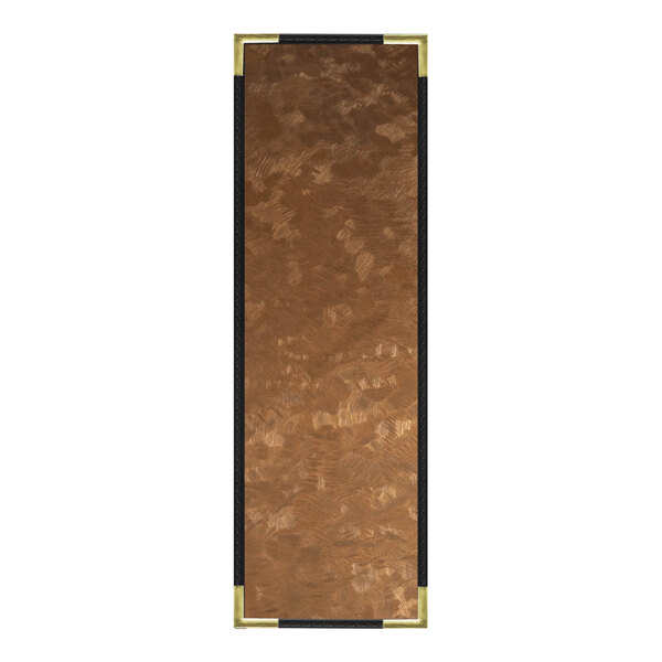 A brown and black customizable menu cover with a brushed metallic gold frame.