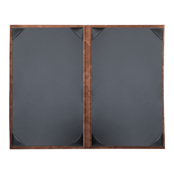 A close up of a bronze brushed metallic menu cover with two views.
