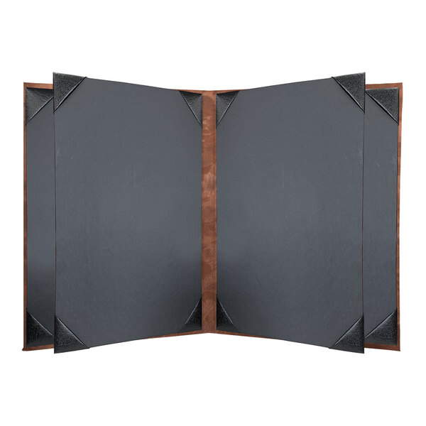 A bronze metallic menu cover with a black border and wooden frame.