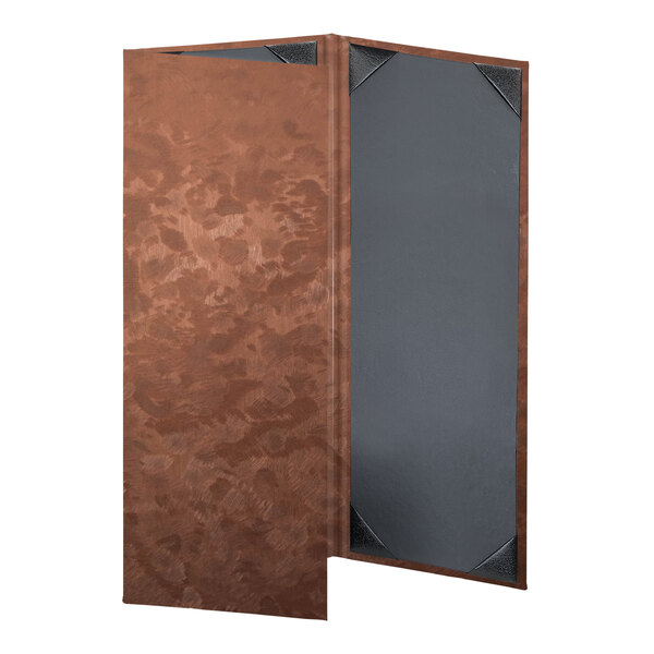 A brown and bronze rectangular menu cover with a metal border.