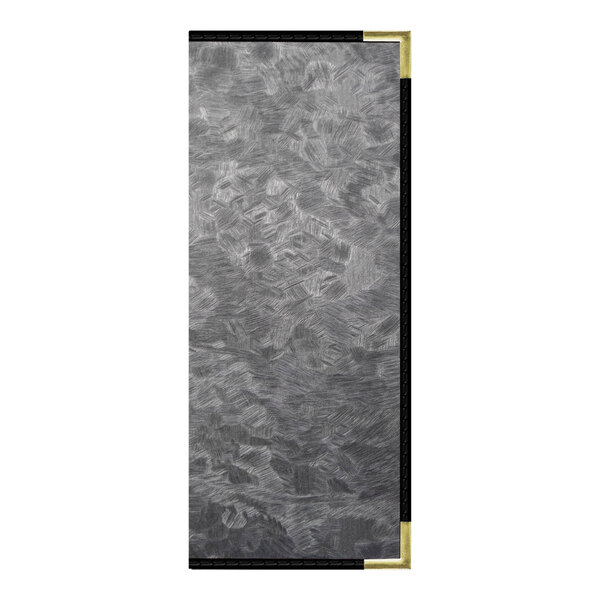 A rectangular steel menu cover with a brushed metallic finish and black and gold corners.