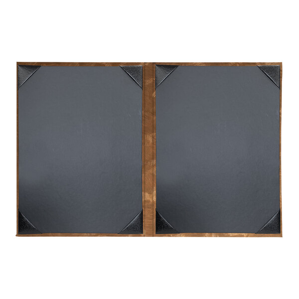 A brown rectangular menu cover with a brushed metallic finish.