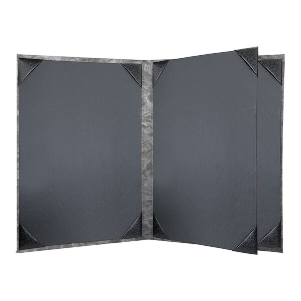 A black rectangular menu cover with a black border and a grey surface.