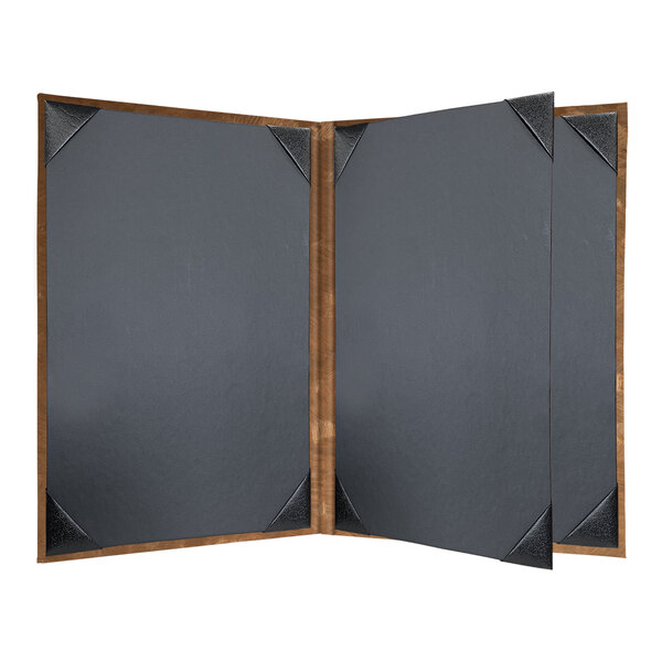 A black rectangular menu cover with a brushed metallic frame.